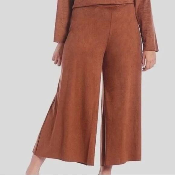 Bryn Walker Ella Sequoia Brown Faux Suede Elastic Wide Leg Crop Pants Gauchos - Picture 1 of 8